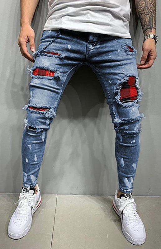 Men's Fashion Mid Waist Ripped Slim Jeans Pattern