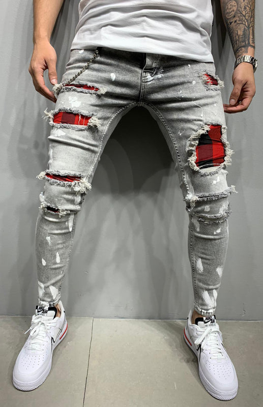 Men's Fashion Mid Waist Ripped Slim Jeans Pattern