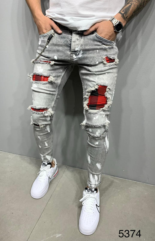 Men's Fashion Mid Waist Ripped Slim Jeans Pattern