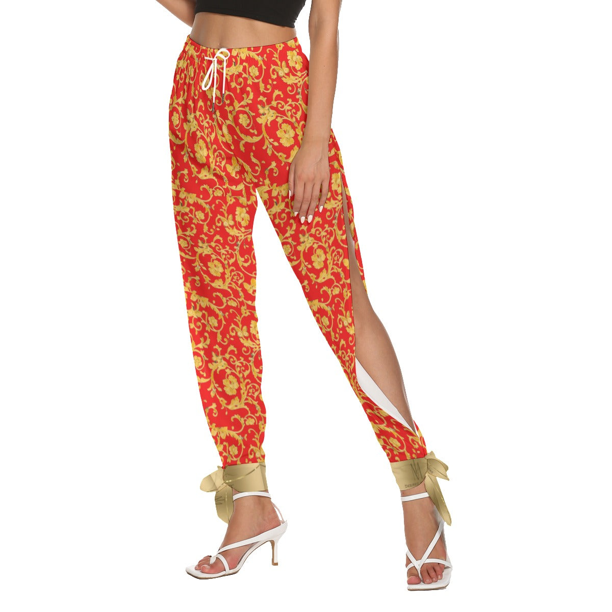 TM Women's Side Seam Cutout Pants With Bottom Strap (Red Gold Leaf)