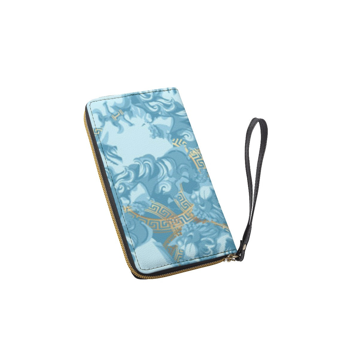 TM Greca Sky Blue Long Wallet With Black Hand Strap