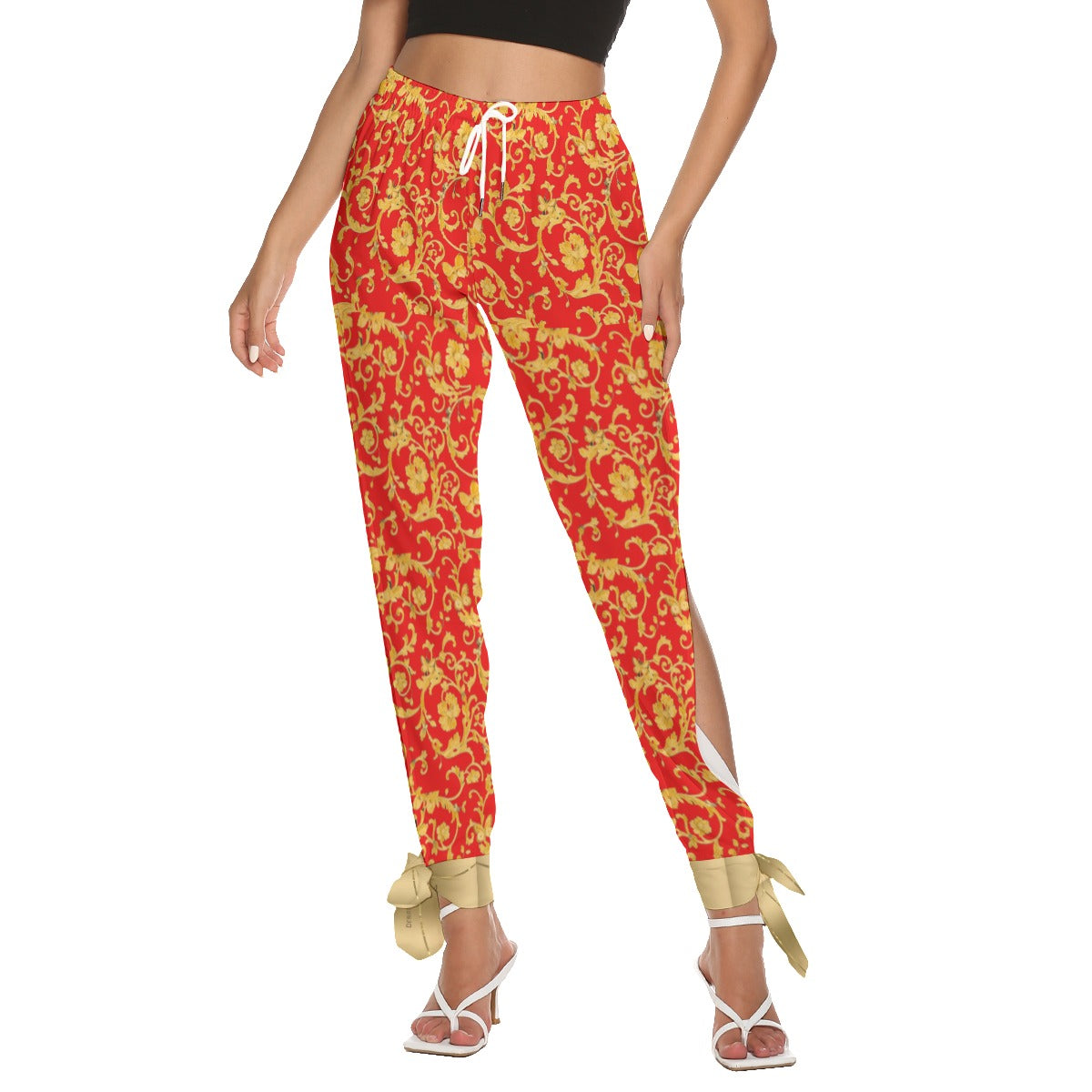 TM Women's Side Seam Cutout Pants With Bottom Strap (Red Gold Leaf)