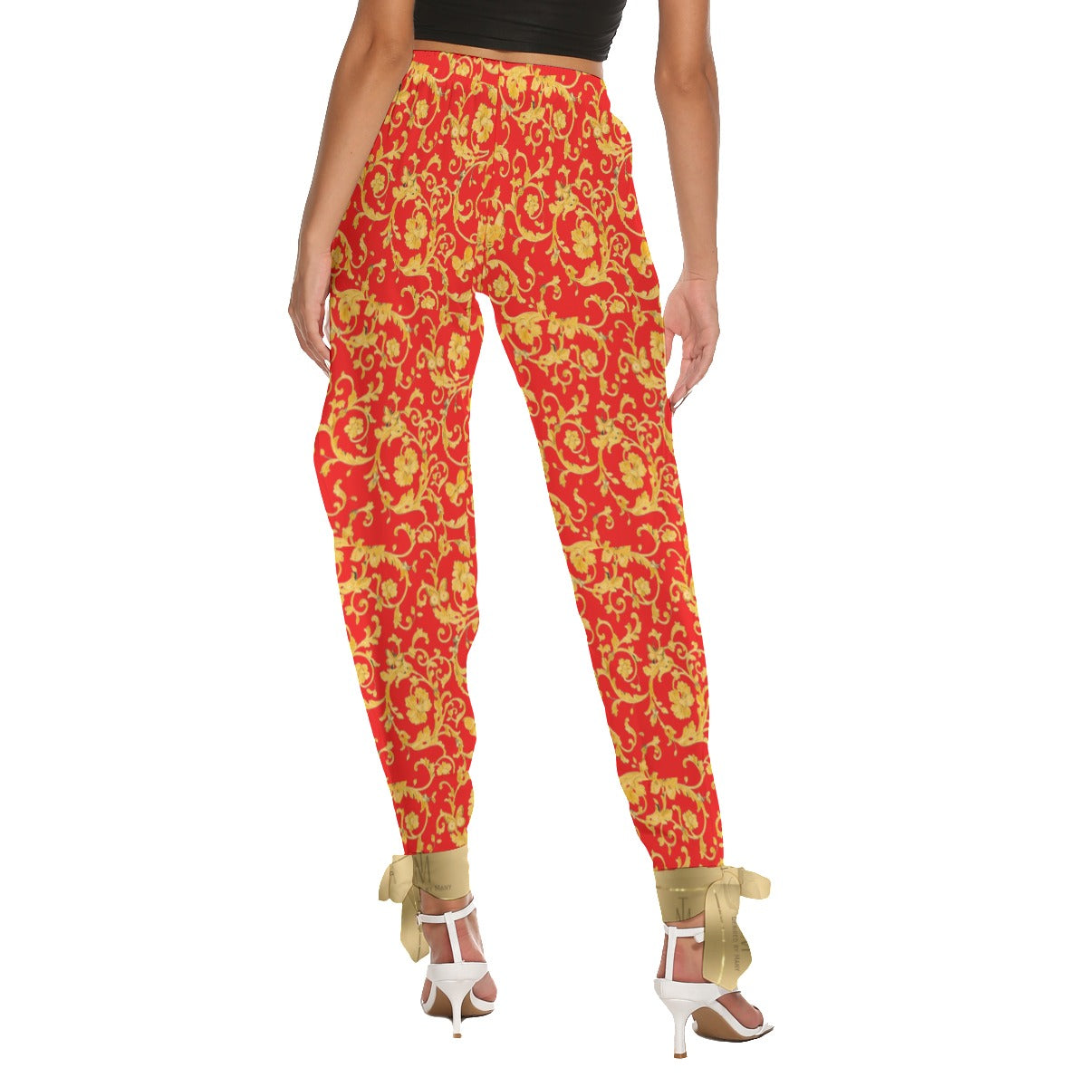 TM Women's Side Seam Cutout Pants With Bottom Strap (Red Gold Leaf)