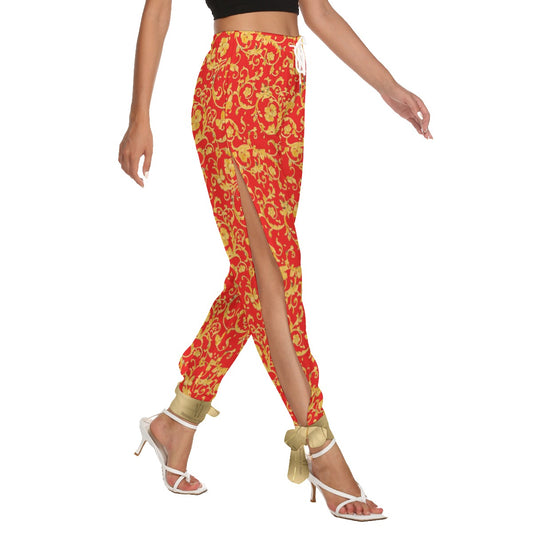 TM Women's Side Seam Cutout Pants With Bottom Strap (Red Gold Leaf)